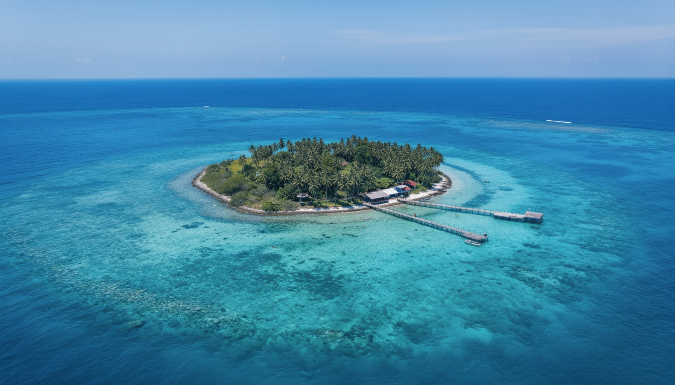 Pemandangan Pulau Derawan dari atas dengan air laut biru jernih