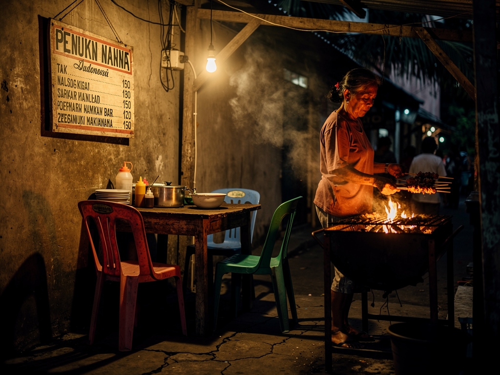 Warung makan sederhana di tepi jalan pulau dengan meja kayu dan cahaya lampu kuning