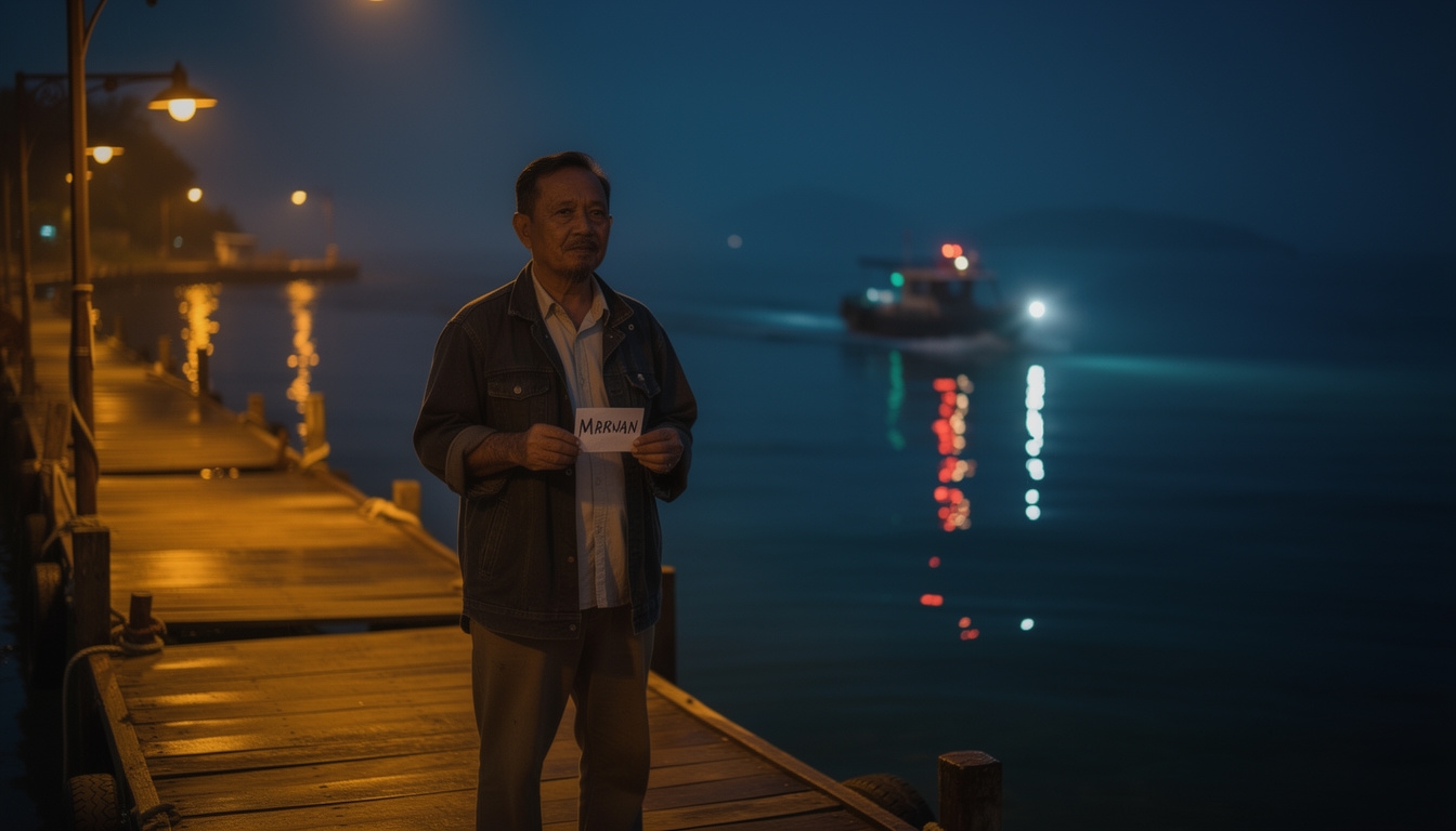 Pengemudi menunggu wisatawan di dermaga yang remang-remang pada malam hari