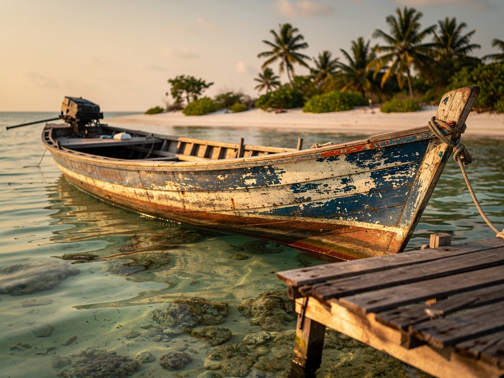 Perahu tradisional bersandar di dermaga kayu pulau terpencil